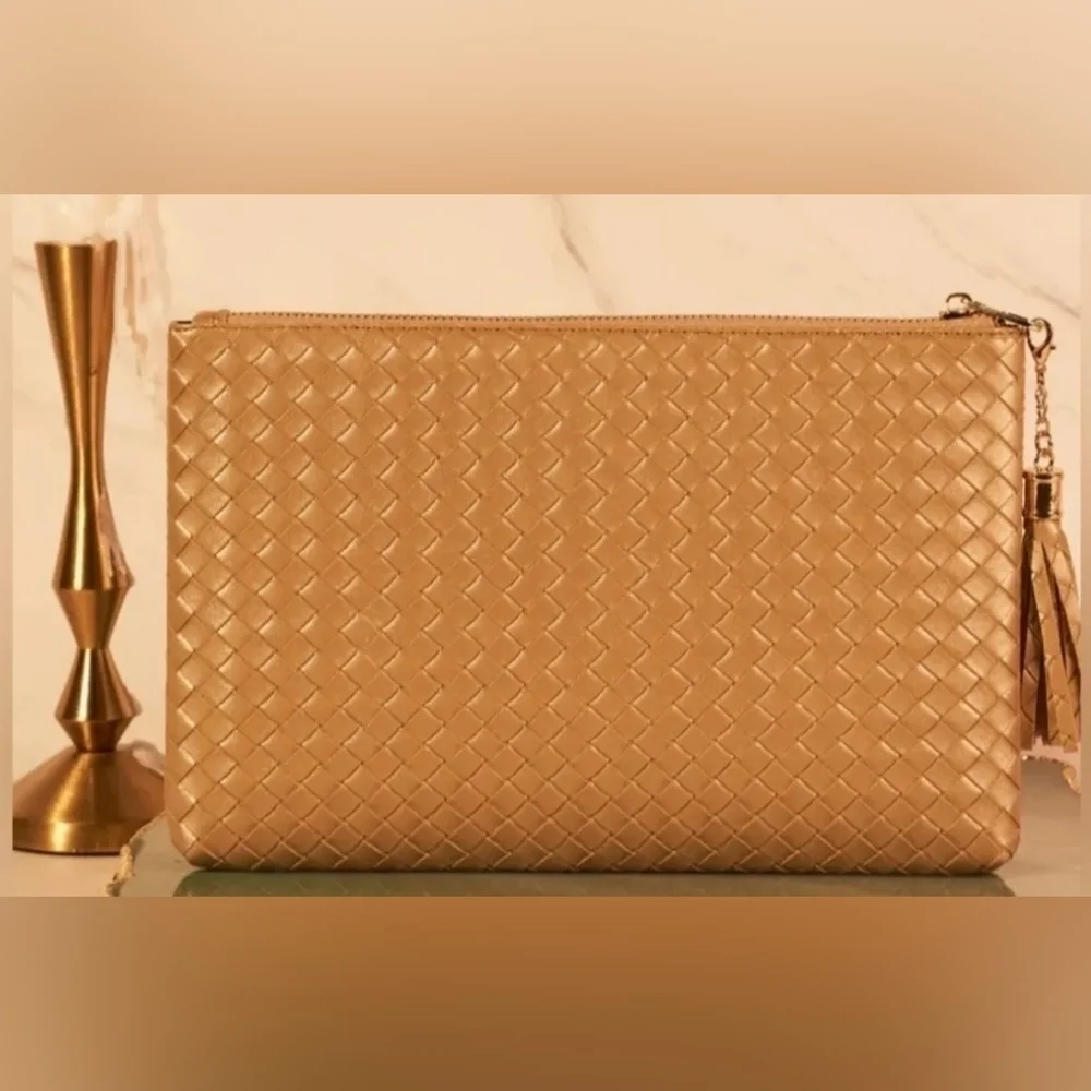 Virginia Wolf Metallic Woven Vegan Leather Clutch Wallet Gold NWT